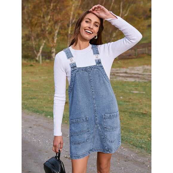 Women's Denim Overalls Light Blue Size M Pockets Adjustable Straps Casual - Picture 3 of 8